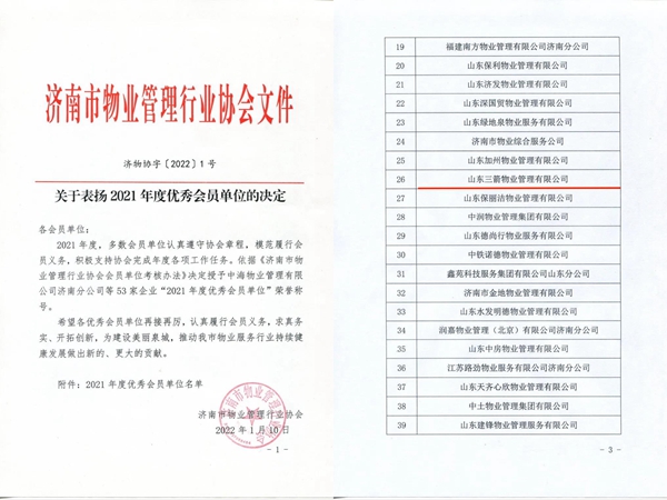 双倍荣誉!山东J9直营网物业管理有限公司荣获物业协会 “年度优秀会员单位”